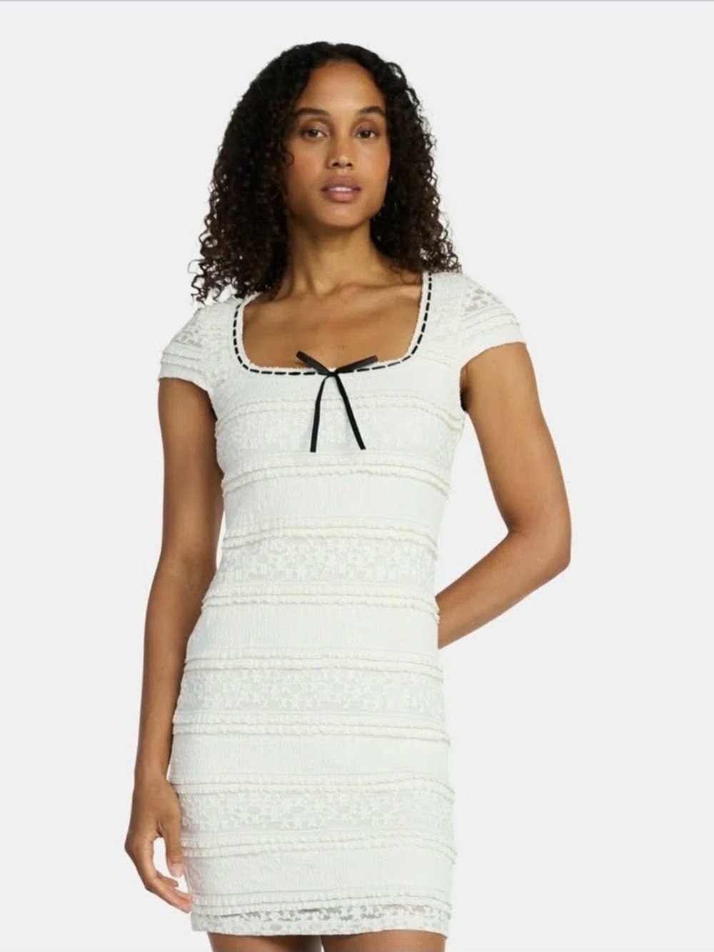 Madden NYC Cream Lace Knit Square Neck Mini Dress with Black Bow. Size M